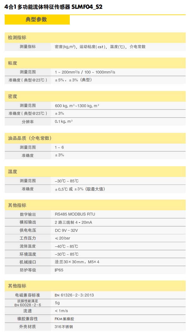 4合1多功能流體特征傳感器SLMF04_S2典型參數